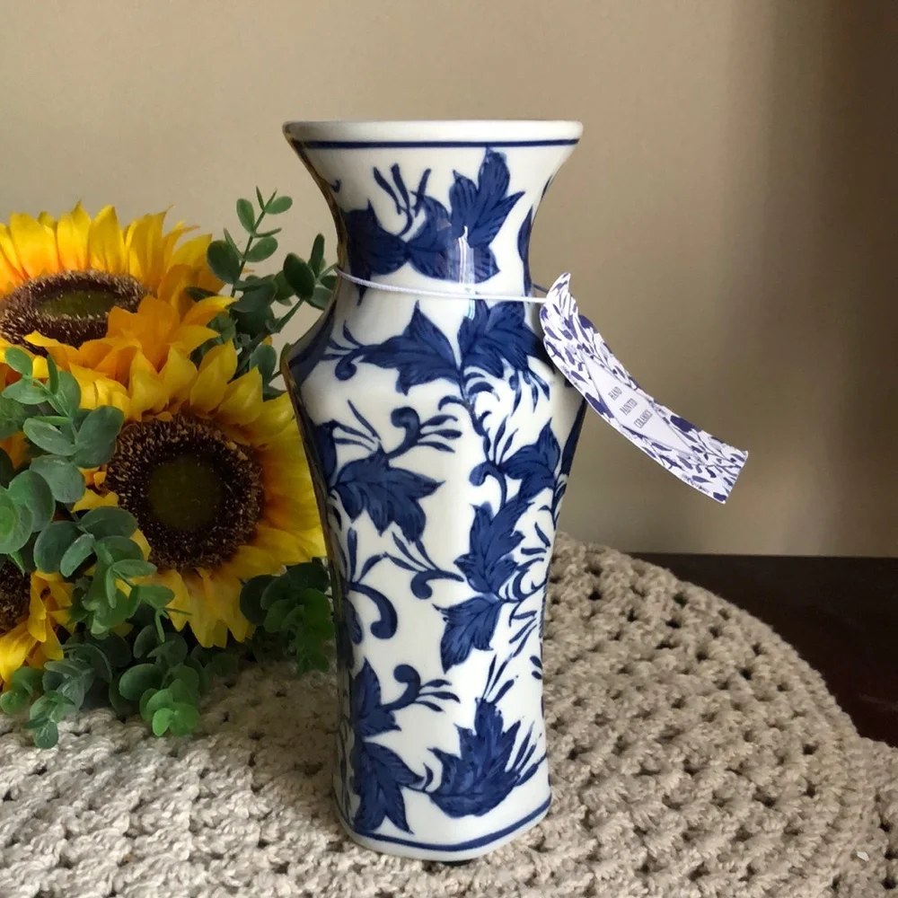 Blue and White Floral Chinoiserie Porcelain Vase - Classic Home Accent